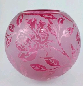 Kelsey Murphy Pilgrim Cranberry Cameo Sand Carved Large Rose Bowl #5395 Signed - Picture 1 of 20