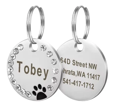 Personalised Pet ID Engraved Dog Cat Name Tags Customised Bling Rhinestone Black - Image 1 of 4