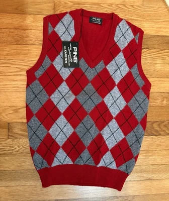 PING by Karsten Lambswool Argyle Sweater Vest Red Gray Scotland Golf 38 NWT - Image 1 of 4