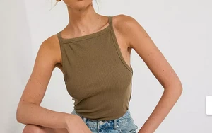 Free People Mia Ribbed Tank Top Women’s XS Khaki Olive Green Square Neck NWT - Picture 1 of 8