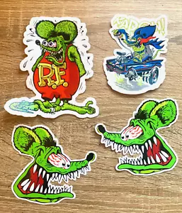 CALCOMANÍA DE PEGATINAS PREMIUM RAT FINK BRILLANTES HOT ROD CHEVY ROADSTER PAQUETE DE 4 y 5 in - Imagen 1 de 6