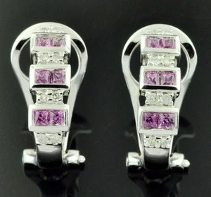 18k Solid white gold Natural Diamond & Pink Sapphire  Earring omega back  - Picture 1 of 5