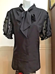NWT Belle Pique Elegant Retro Sz XL Black Blouse W Bow, Puff Sheer Sleeves - Picture 1 of 13