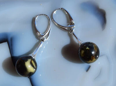 Baltic Amber 1" Drop Dangle Earrings Sterling Silver Leverback 3/8" Diameter  - Image 1 of 4