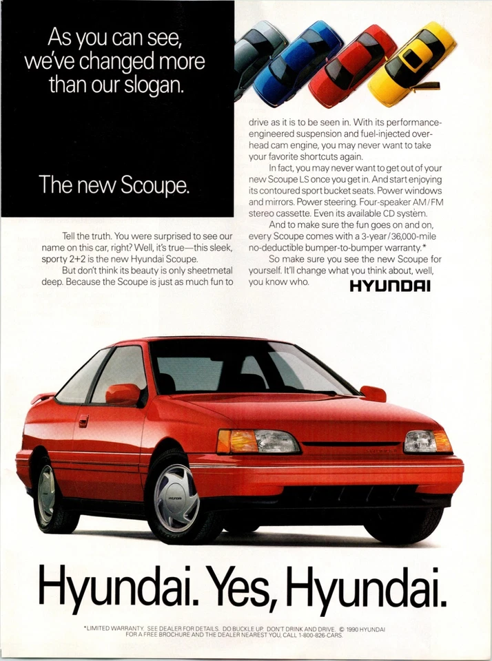 Anuncio de coche de automóvil HYUNDAI SCOUPE ~ 1990 anuncio impreso en revista Foto 1 de 1