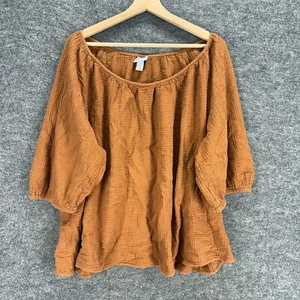 Ava & Viv Blouse Women 2X Plus Brown 3/4 Sleeve Round Neck Cotton Pullover Solid - Picture 1 of 7
