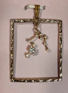 Gold Toned Rhinestone Constellation Pendant 1.5" Hammered Square Frame 3g - Picture 1 of 3