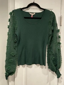 No Boundaries Green Ribbed Knit Sheer Puff Ruffle Embroidered Sleeve Size L - Picture 1 of 11