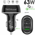 TECHGEAR 63W 2 USB PD Power Delivery USB C & Quick Charge 3.0 Fast Car Charger