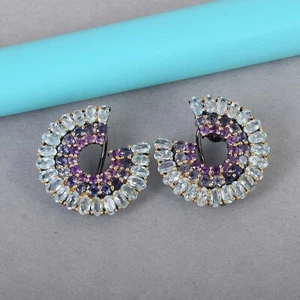Natürlicher Blautopas, Iolith & Amethyst 925 Silber große runde Ohrstecker Sc... - Bild 1 von 5