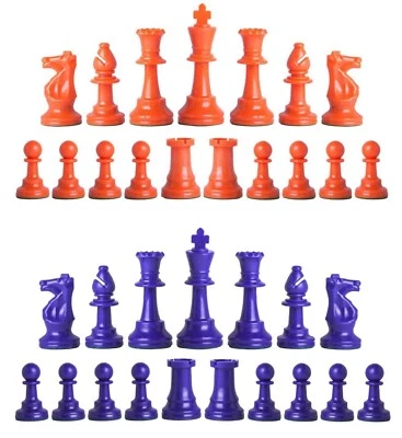 Staunton Single Weight Chess Pieces - Full Set 34 Orange & Royal Blue - 4 Queens - Image 1 of 3