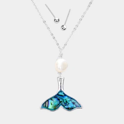 NEW Silver Tone Whale Tail Abalone Shell Charm & Freshwater Pearl Necklace Set - Image 1 of 2