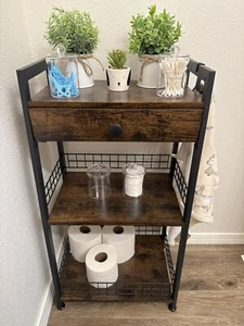 3-Tier Bathroom Ladder Shelf with Drawer, Bathroom Floor Storage Shelf, - Picture 1 of 7