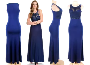 Robe de soirée bleu foncé Suzanja avec inserts en dentelle avant et sur les côtés M - L - Photo 1 sur 10
