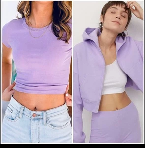 NWT H&M Lilac Purple Cropped Zip Up Hoodie & Ribbed Fitted Tee XS/S - Picture 1 of 16