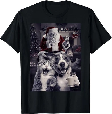 Funny Dog Cat Selfie With Santa Christmas Men Women Kid T-Shirt, Unisex Tee - Image 1 of 4