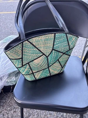 Vintage Le Sac Patchwork Woven Straw Shoulder Handbag Purse Satchel Multi Colors - Image 1 of 4