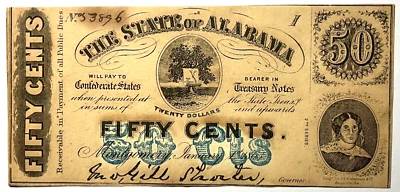 1863 State of Alabama Civil War 50 Cents 2nd series - Image 1 of 3