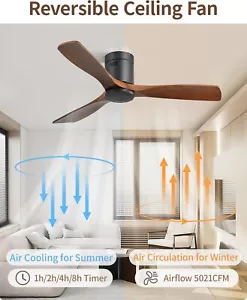 52'' Flush Mount Carved Wood Ceiling Fan No Light W/ Remote Bedroom Ceiling Fan - Picture 1 of 40