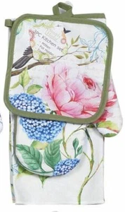 JUEGO DE 3 PIEZAS: 1 SOPORTE PARA OLLA, 1 TOALLA Y 1 GUANTE PARA HORNO, FLORES Y PÁJARO, respaldo verde, SH - Imagen 1 de 7