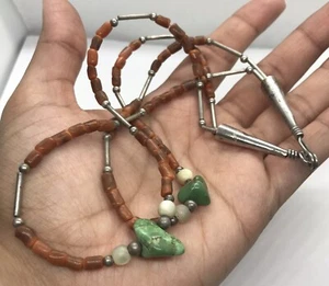 925 sterling silver coral and green stone beaded Double Strand necklace 15” - Bild 1 von 12