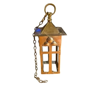 Antique Edwardian Arts & Crafts Brass Porch Hall Lantern Light Fitting On Chain - Picture 1 of 12