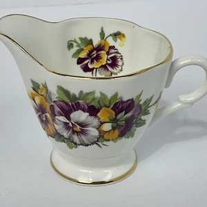 Vintage Clarence Pansies Bone China Floral CREAMER With Gold Trim Numbered - Picture 1 of 10