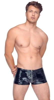 Herren Lackpants Shorts Lack Reißverschluss glänzend schwarz Biker-Style - Bild 1 von 4