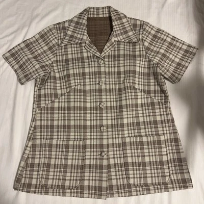 Винтажная женская блузка ручной работы топ средний клетчатый коричневый бежевый карман на пуговицах - Изображение 1 из 4