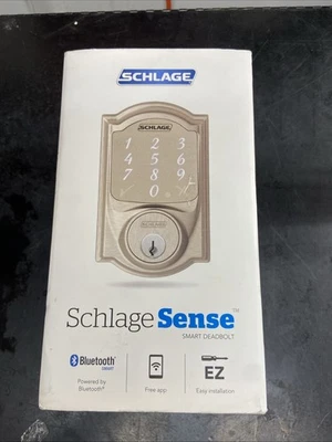 SCHLAGE BE479AA CAM 619 Satin Nickel Smart Deadbolt Lock Camelot Trim New in Box - Image 1 of 4
