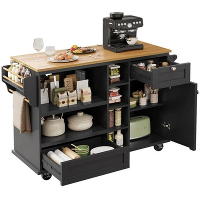 KITCHEN ISLAND ROLLING TROLLEY STORAGE CABINET WITH 2 DRAWERS AND CUPBOARD BLACK - Image 1 of 4