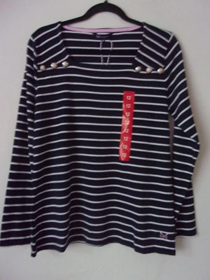 New Crew Clothing Square Neck Breton Navy Blue White Stripe Top T-Shirt Size: 12 - Image 1 of 4