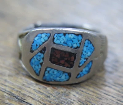 Native American Turquoise & Coral Inlay  Southwestern Sterling Silver 8.5 Ring - Image 1 of 4