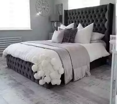 Luxury Milly Grandeur Chesterfield Wing Bed Plush Velvet Upholstered Frame