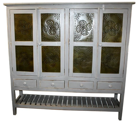 Farmhouse Kitchen Tin & Wood Pie Cupboard Cabinet w/ Distressed Grey Finish Cover