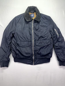 Gap Nylon Aviator Bomber Jacket Men Small Dark Blue Quilted Lined Sherpa Collar - Picture 1 of 12