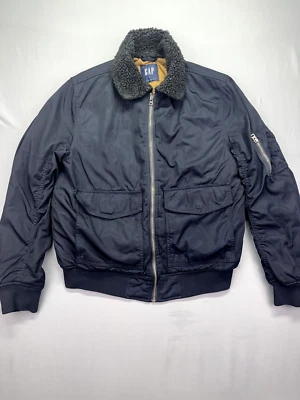 Gap Nylon Aviator Bomber Jacket Men Small Dark Blue Quilted Lined Sherpa Collar - Image 1 of 4