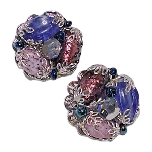 Pendientes de clip de vidrio artístico con cuentas vintage HOBE púrpura azul rosa ciruela firmados - Imagen 1 de 8