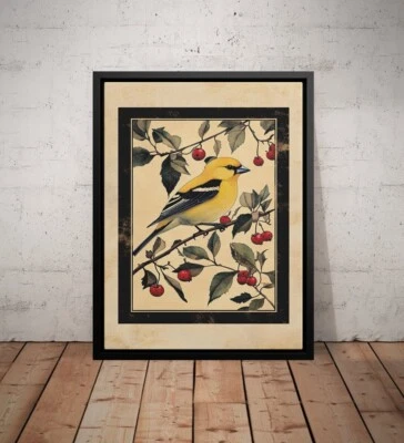 Pôster vintage American Goldfinch Bird empoleirado em um galho sem moldura - Imagem 1 de 4