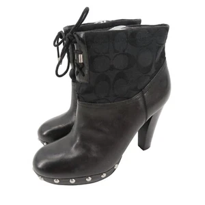 Coach Ediva 8 B Black Logo Canvas Leather Silver Stud Platform Ankle Boots Shoes - Picture 1 of 14