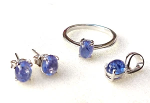925 Sterling Silver Natural Tanzanite Oval Cabochon Exotic Pendant Jewelry Set - Picture 1 of 8