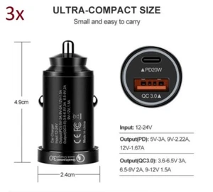 3-Pack 20W USB C Car Charger Adapter Fast Charge for iPhone 15 Pro Galaxy S23/22 - Picture 1 of 5
