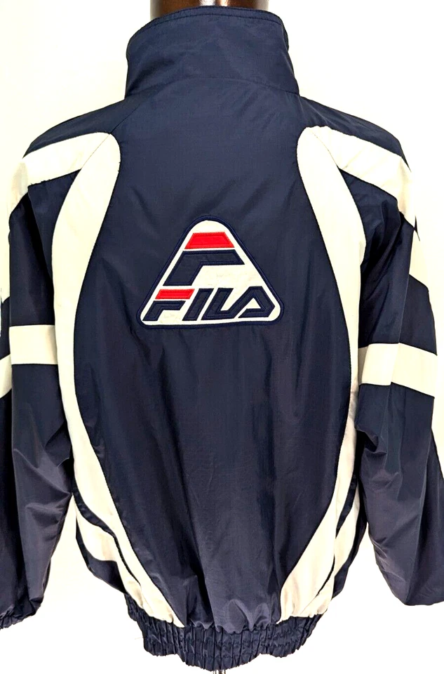 Chaqueta cortavientos vintage 90S FILA XL para mujer azul blanco logotipo bordado * Foto 1 de 4