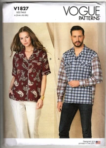 Vogue V1827 Unisex XS to XXL Adult Button Front Shirts Uncut Sewing Pattern - Picture 1 of 2