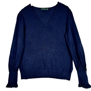Lauren Ralph Lauren Navy Sweater Womens XL Blue Gold Button Cuff Ruffle Sleeve - Picture 1 of 15