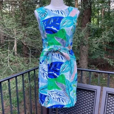 Vestido Ellen Tracy sin mangas azul, blanco, verde hoja con cinturón talla. 6 Foto 1 de 4