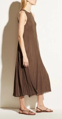 VINCE High Neck Pleated Brown Maxi Midi Dress Sz M Mesh Lined Belted Classic - image 1 of 4
