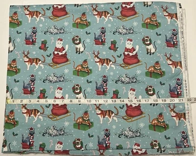 JO-ANN NEW cotton Christmas fabric half yard - Cats Decorated For Holidays On Med Blue