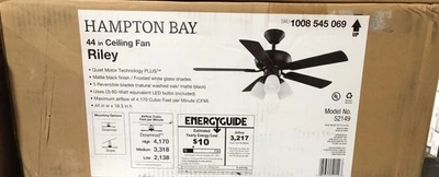 Hampton Bay Riley 44 in. Indoor Matte Black Ceiling Fan with Light + Remote - Image 1 of 3