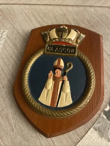Vintage Glasgow Ship Crest Wood Plaque Coat of Arms - Picture 1 of 4